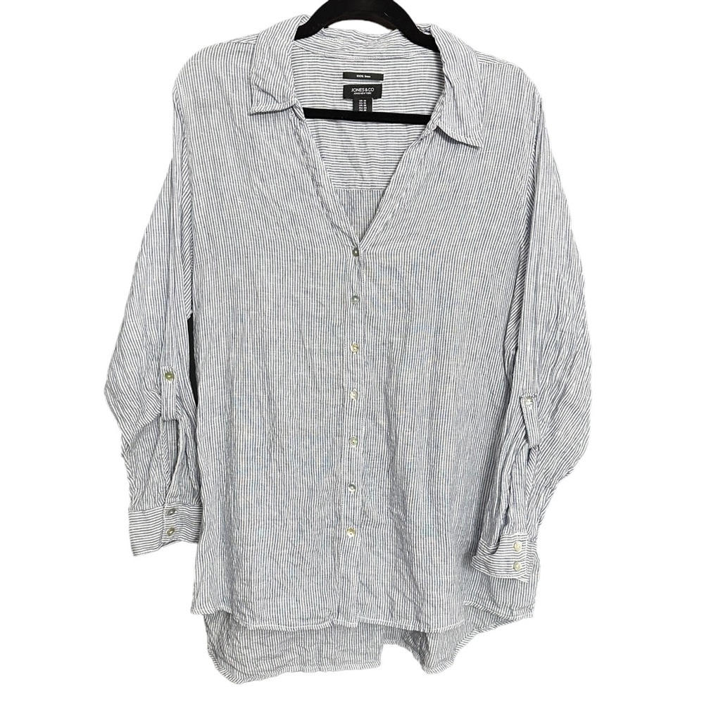 Jones & Co Women’s 100% Linen Button Down Top Size 1X Blue & White Pin Stripes